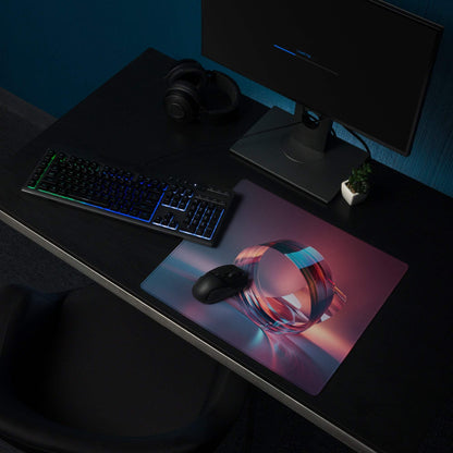 Vibrant ring abstract large gaming mouse pad with holographic pink blue design