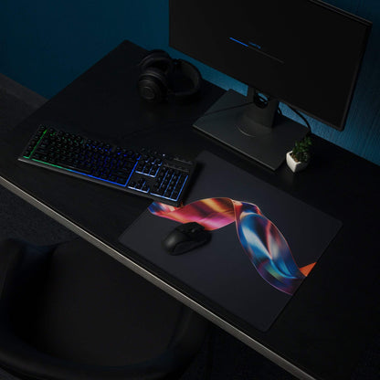 Premium dark colorful ribbon gaming mouse pad with vibrant pink orange blue purple design