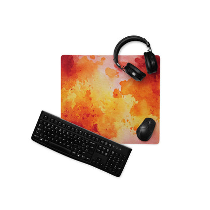 Vibrant orange yellow watercolor gaming mousepad with keyboard headphones