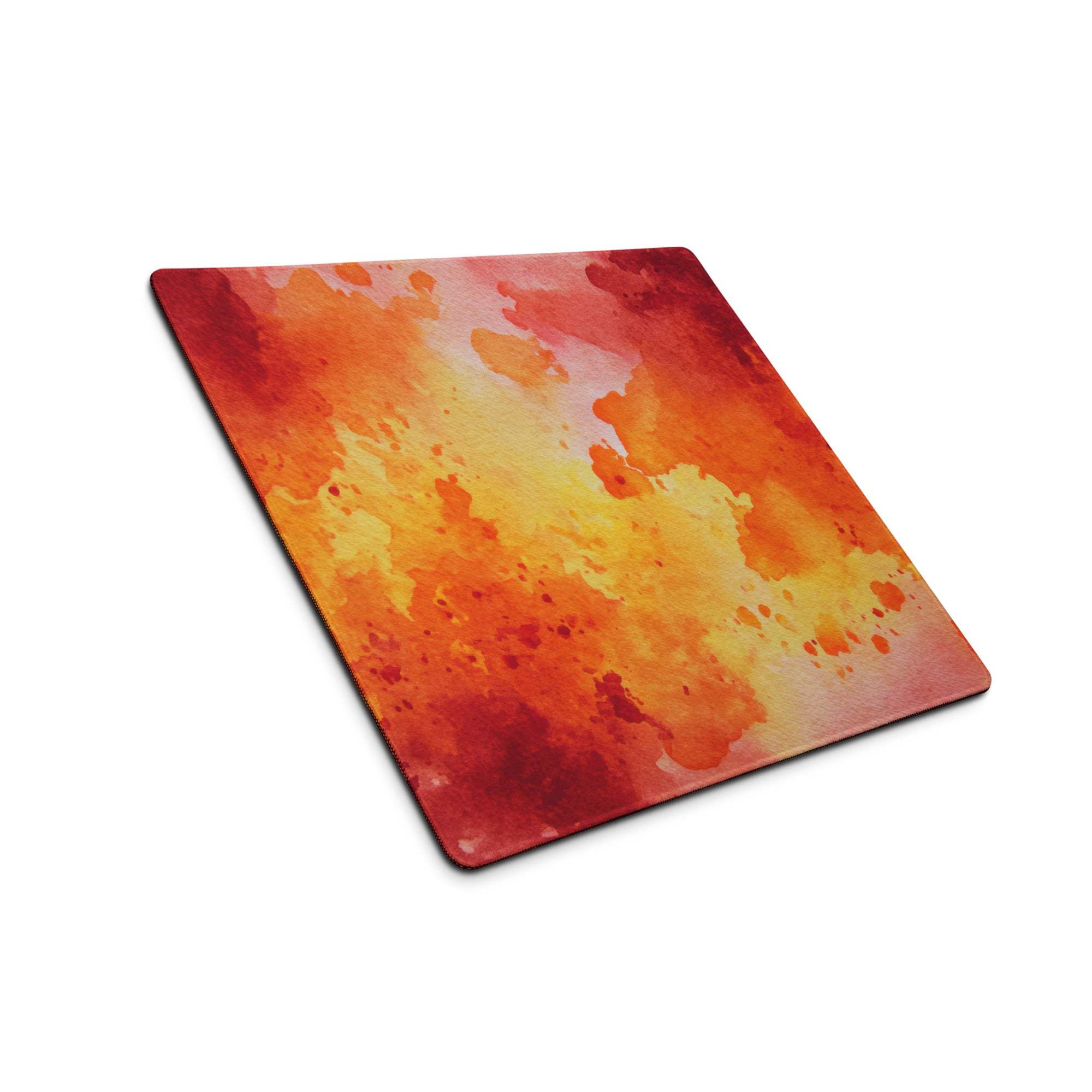 Vibrant fiery abstract watercolor mousepad in orange red yellow with non-slip base stitching