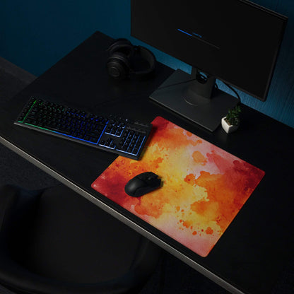 Vibrant fiery orange yellow watercolor gaming mousepad with black wireless mouse