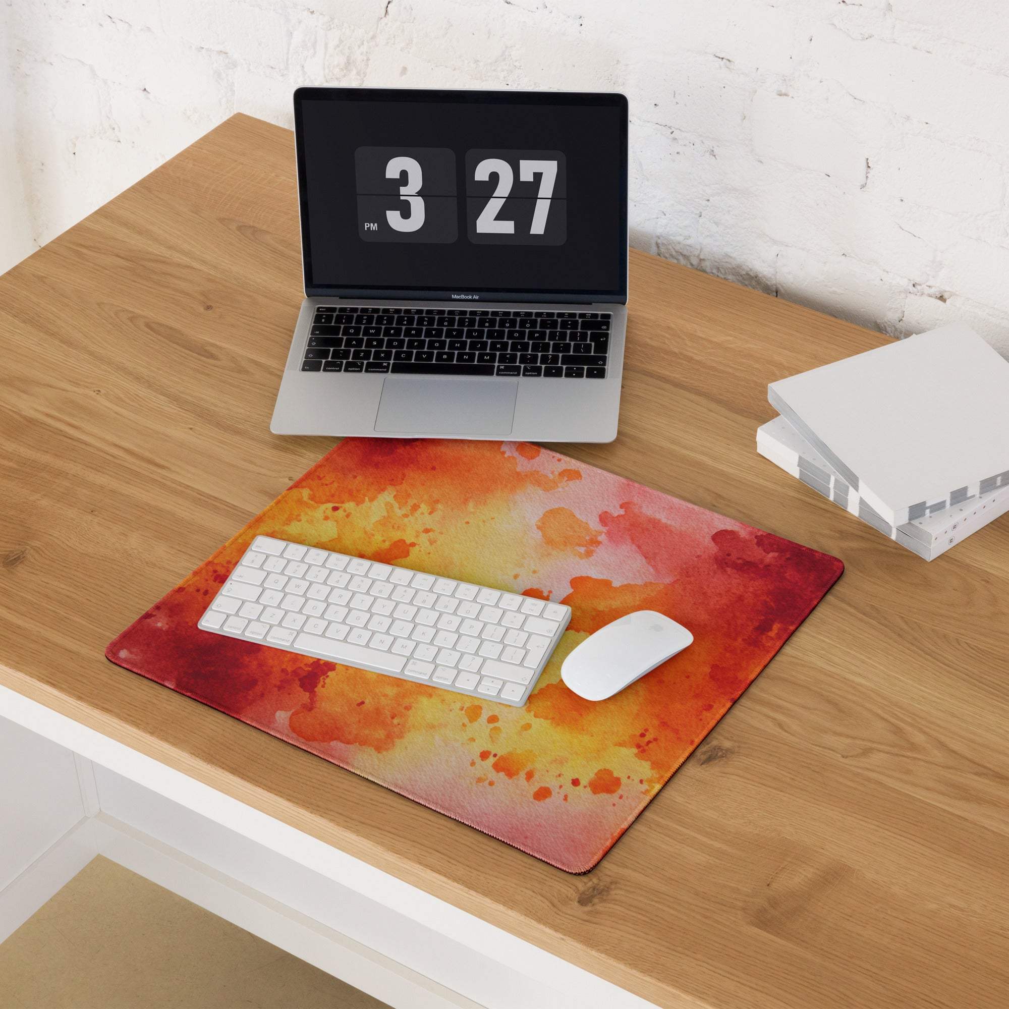 Vibrant orange yellow watercolor gaming mouse pad with non-slip base stitching
