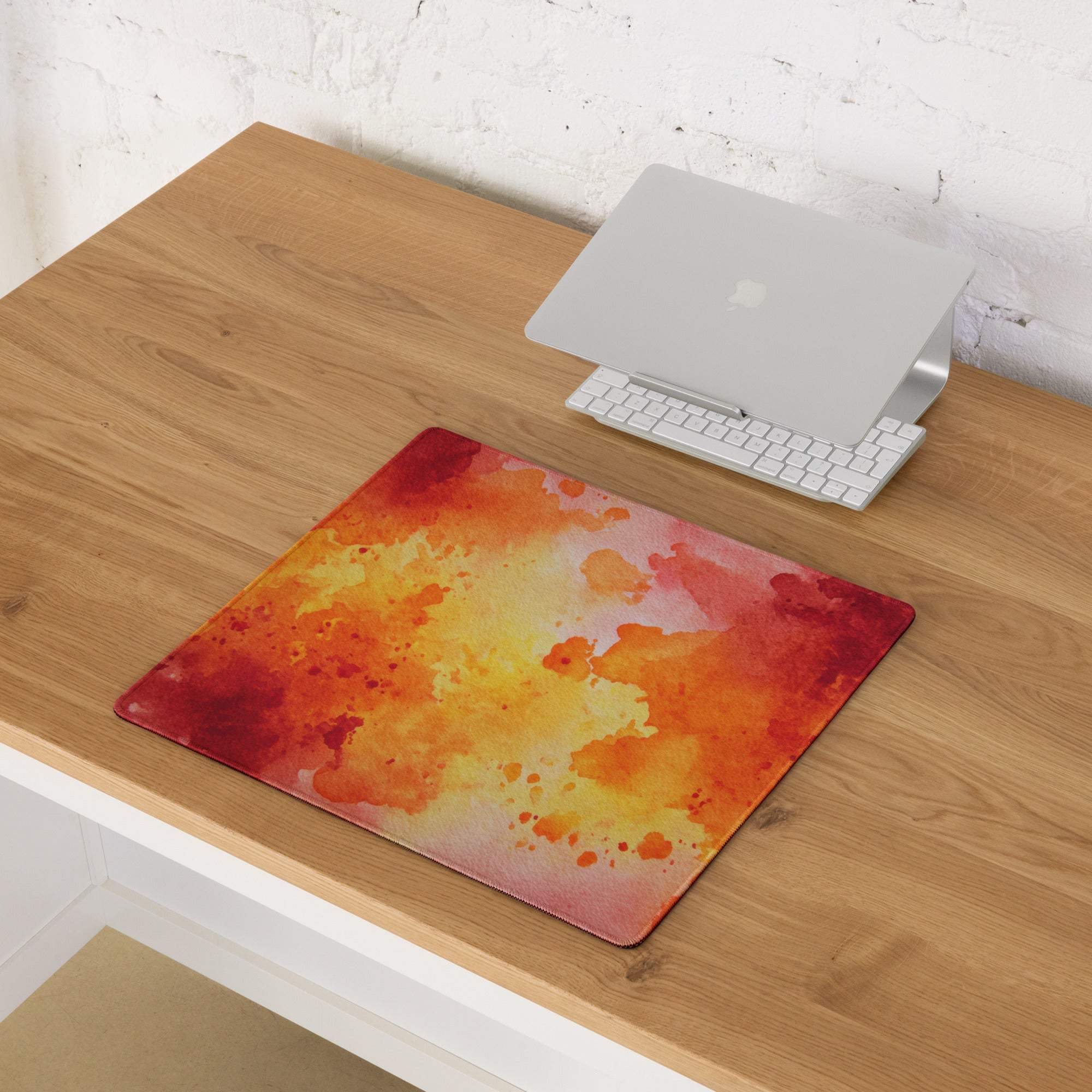 Vibrant orange red watercolor splash large gaming mousepad with non-slip base