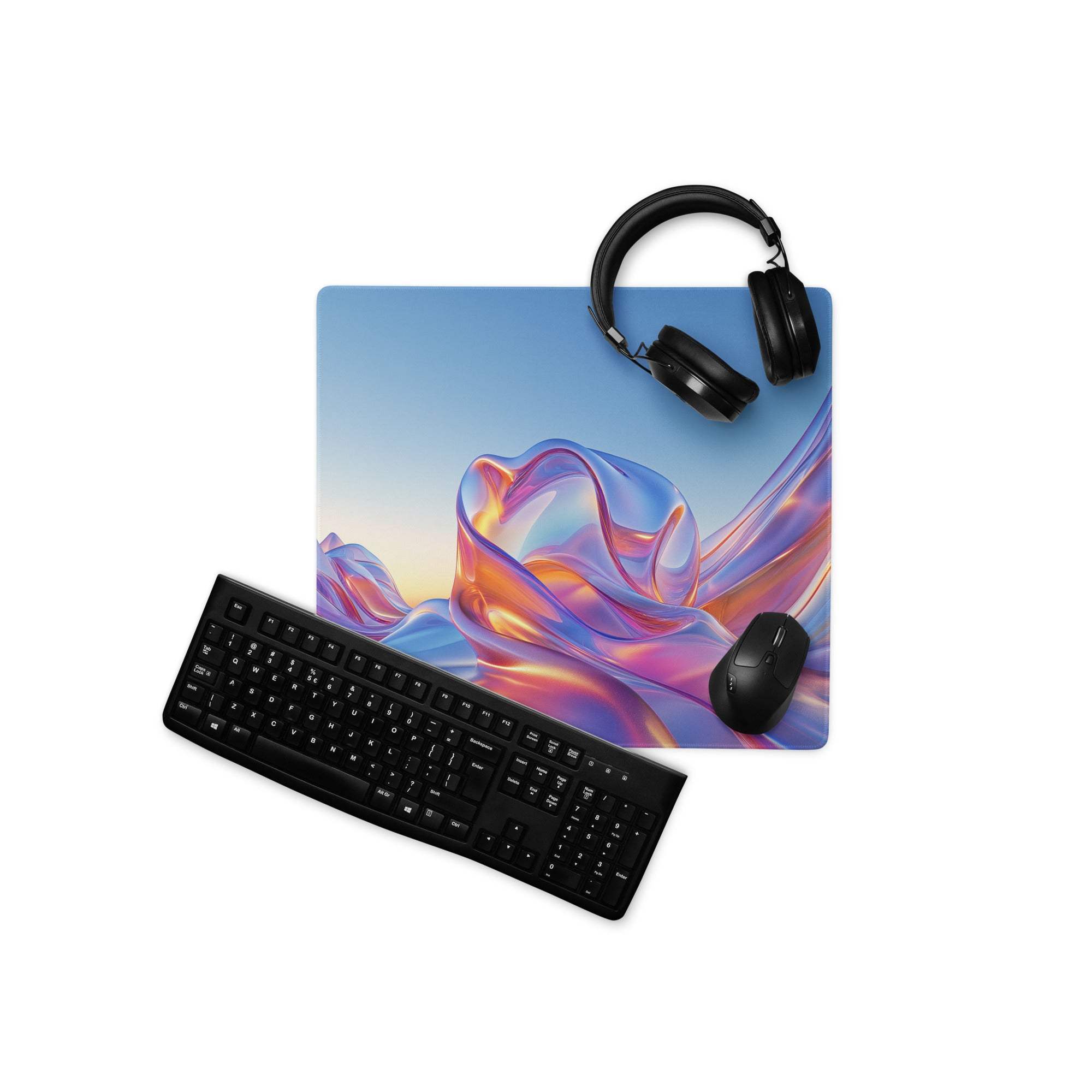 Premium large gaming mouse pad with vibrant blue purple gradient iridescent design