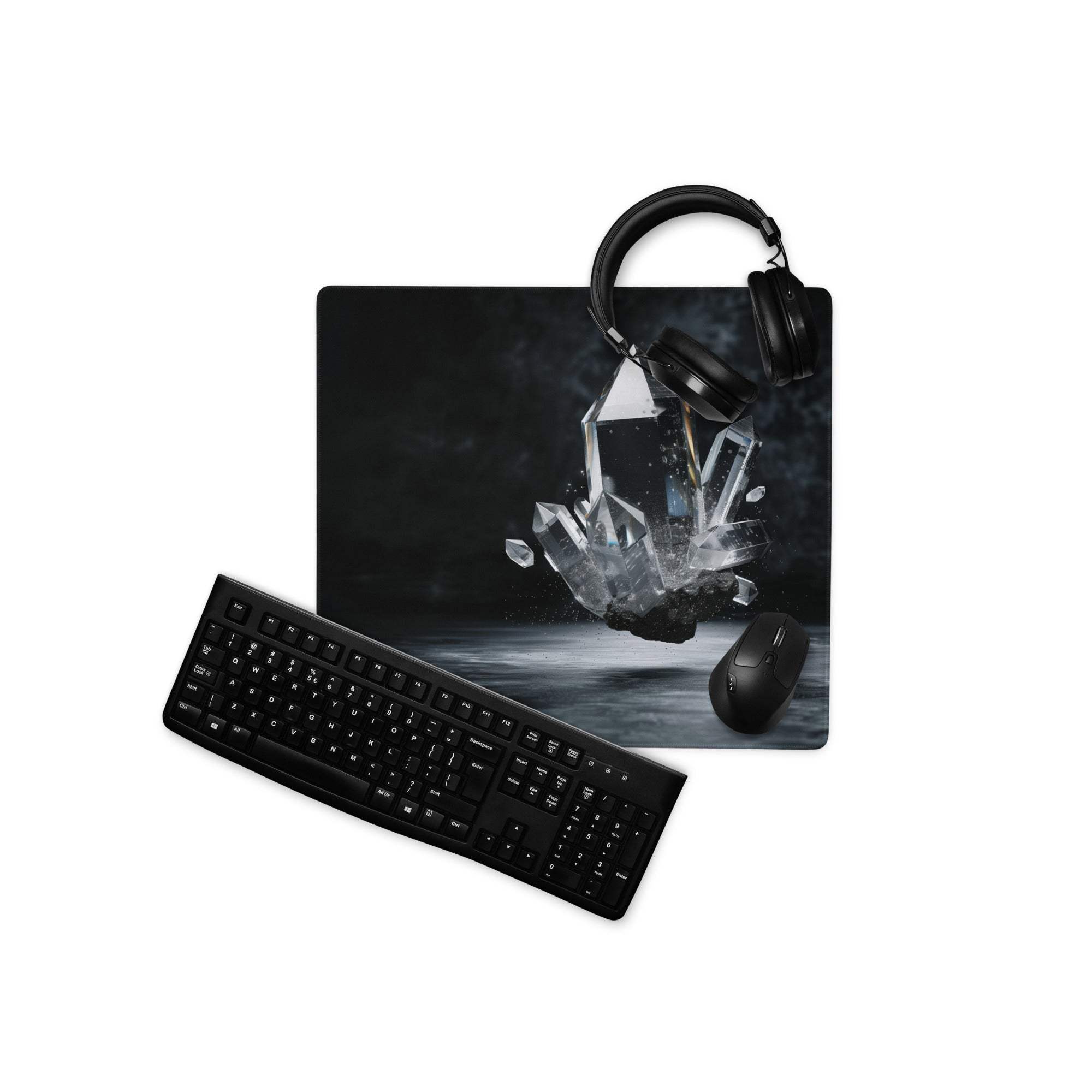 Dark Crystal large gaming mouse pad with crystal shards, headphones, non-slip base
