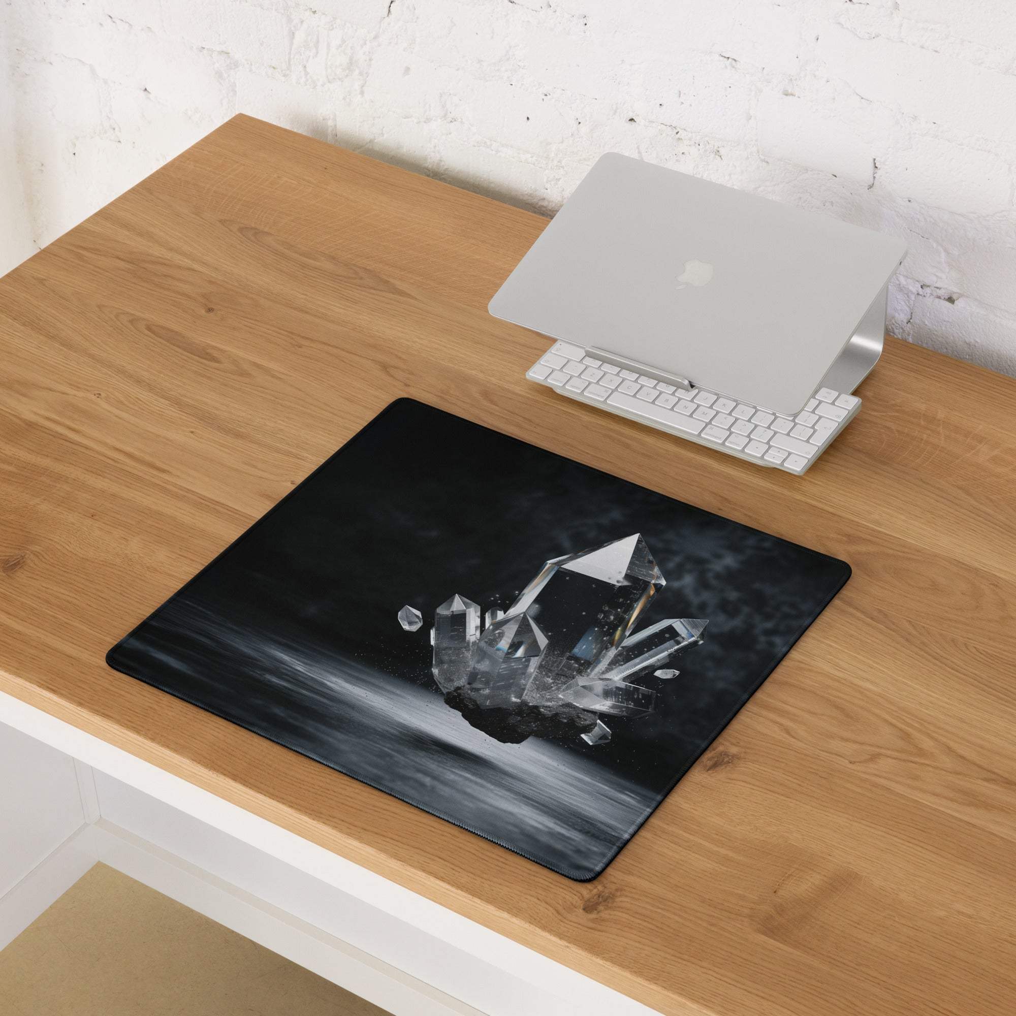 Large dark crystal gaming mouse pad with grayscale floating crystals