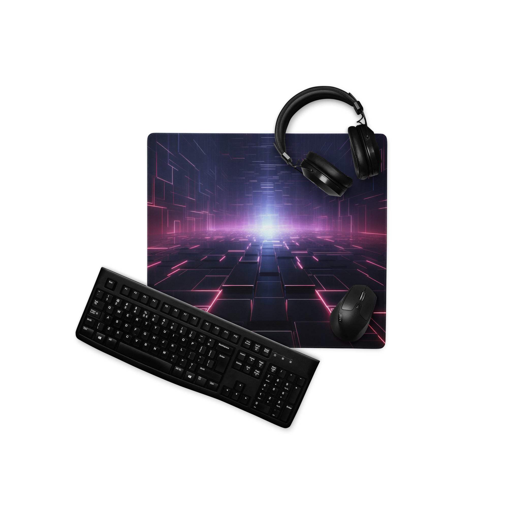 Black gaming mousepad with futuristic neon pink purple tunnel design