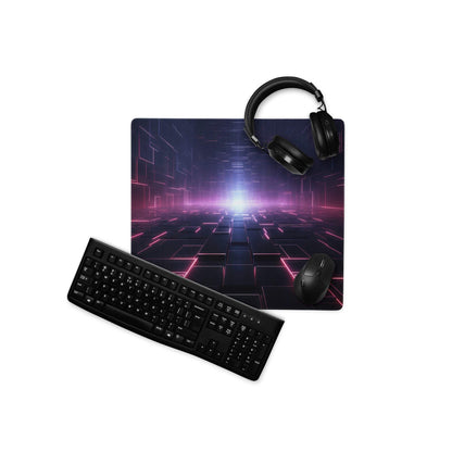 Black gaming mousepad with futuristic neon pink purple tunnel design