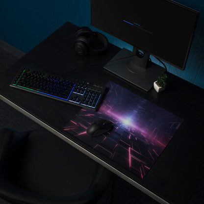 Futuristic neon purple pink glow large gaming mouse pad with cosmic design