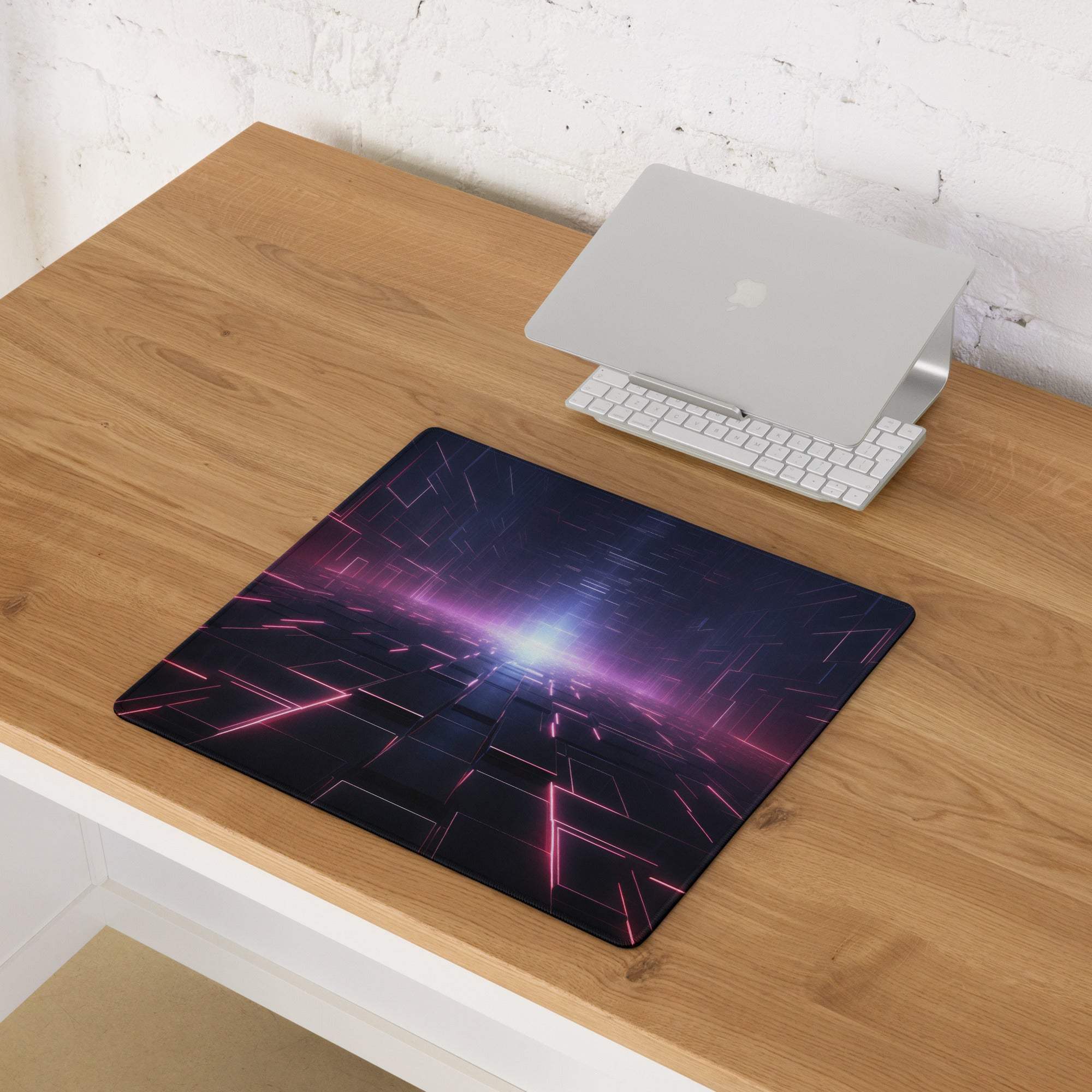 Futuristic neon purple pink glow large gaming mouse pad with galaxy design