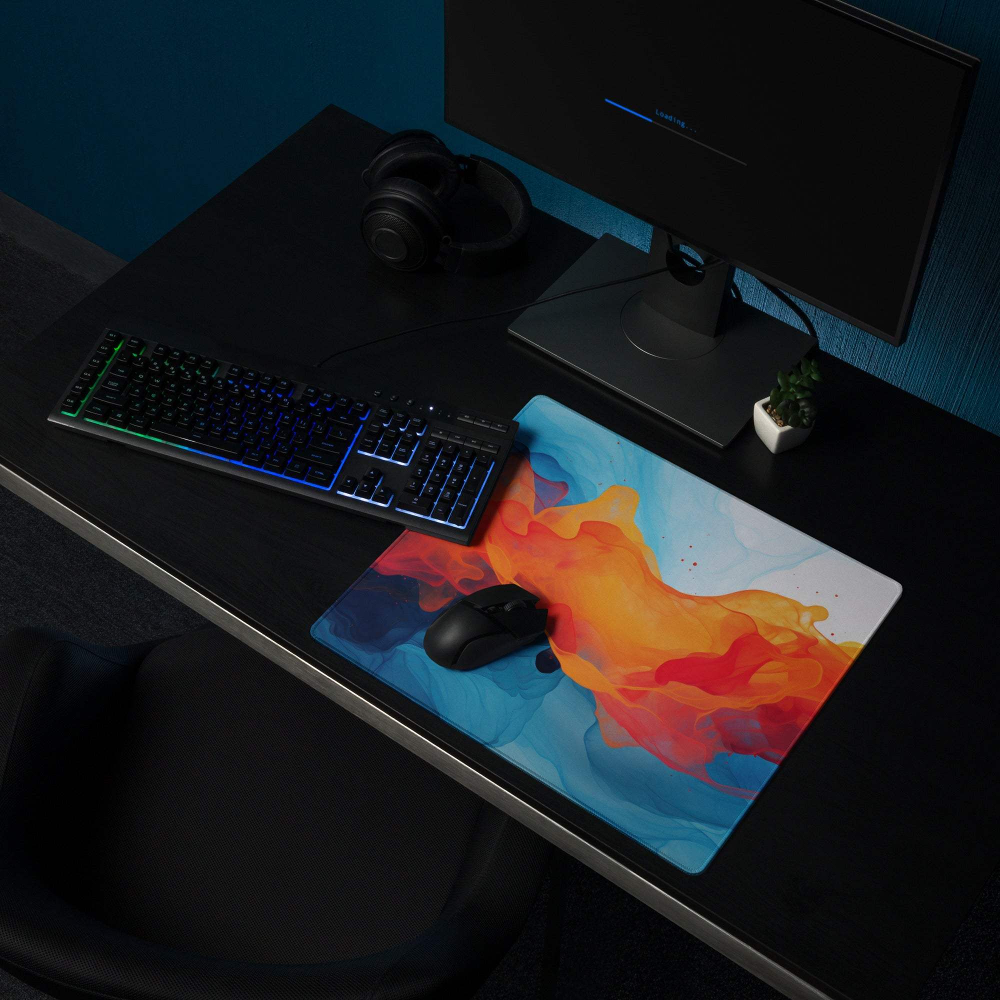 Abstract neon swirl large non-slip gaming mouse pad in orange blue hues