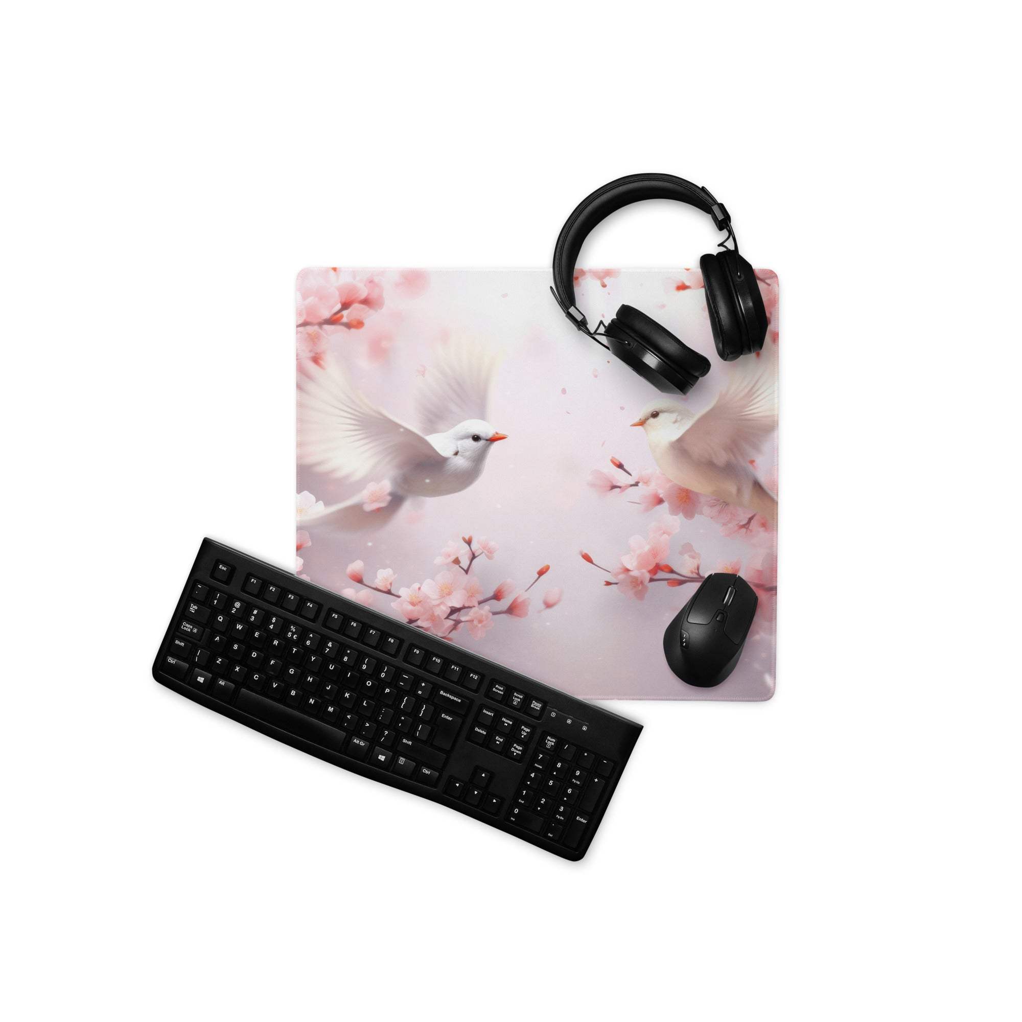 Pastel floral doves cherry blossom gaming mouse pad in pink white design