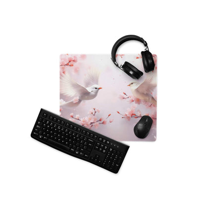 Pastel floral doves cherry blossom gaming mouse pad in pink white design