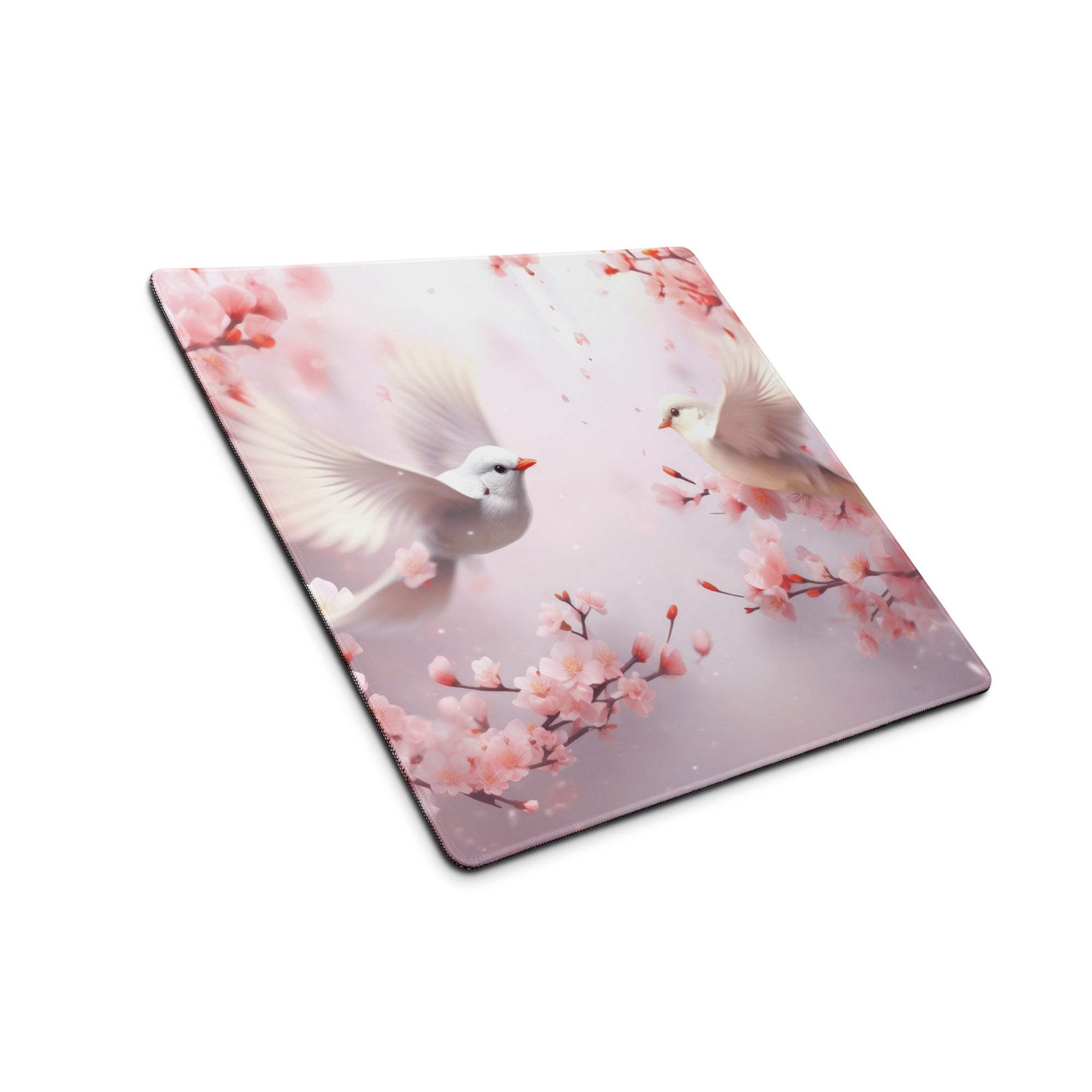 Pastel floral doves cherry blossom gaming mouse pad with pink birds in flight