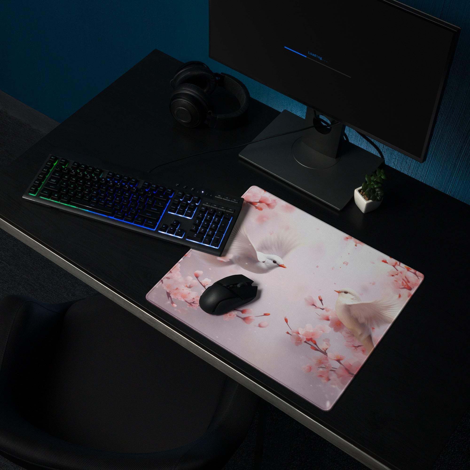 Pastel floral doves cherry blossom pink white gaming mouse pad