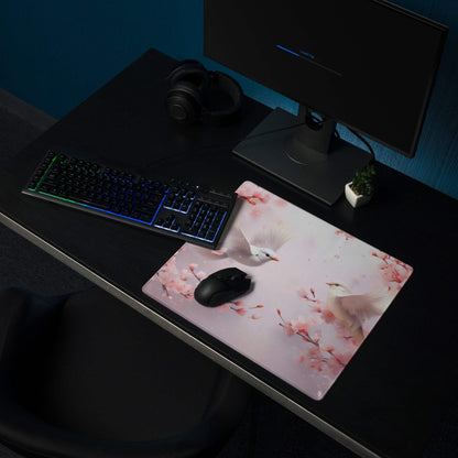 Pastel floral doves cherry blossom pink white gaming mouse pad