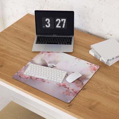 Pastel floral doves cherry blossom gaming mouse pad in pink white design