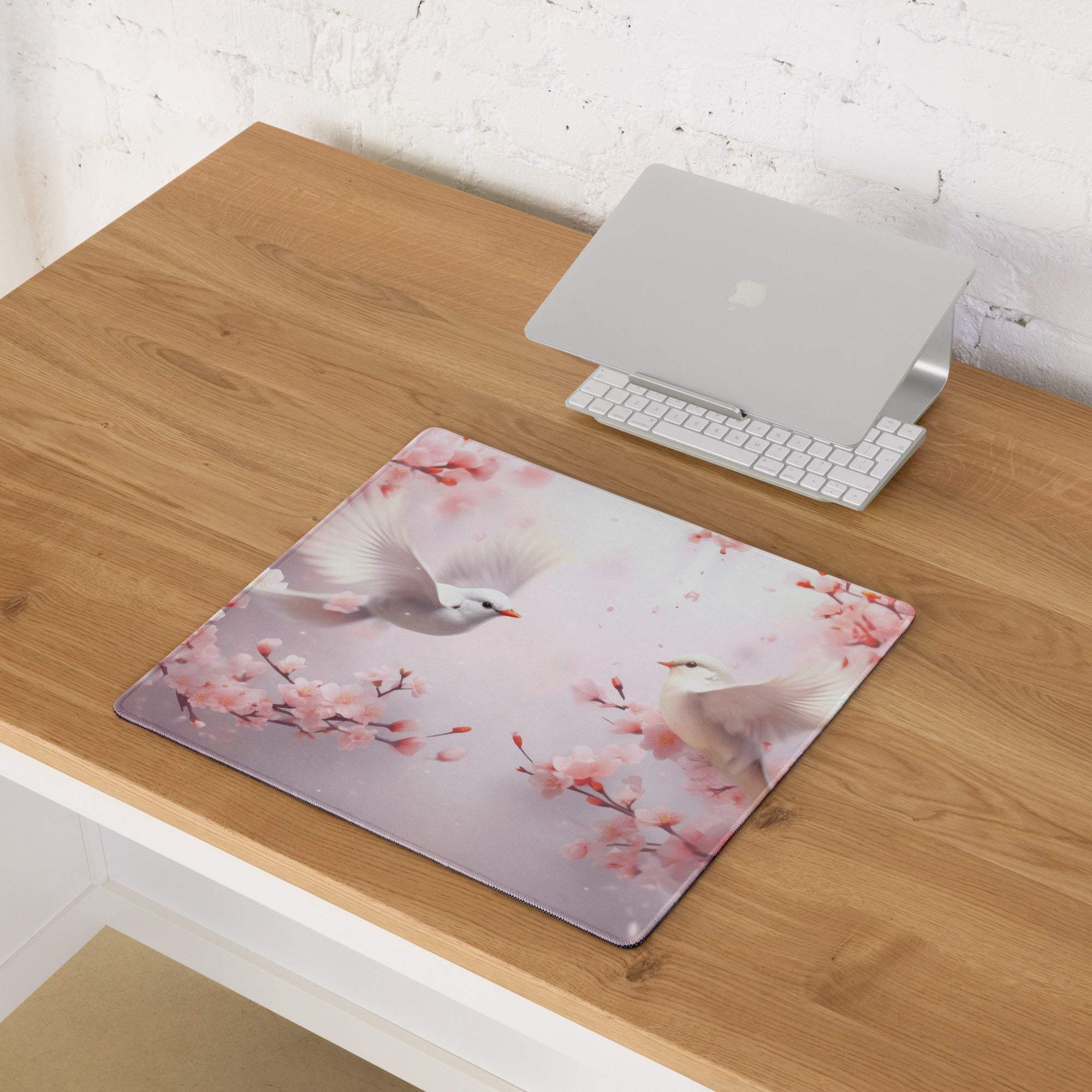 Pastel floral doves cherry blossom gaming mouse pad with flying birds