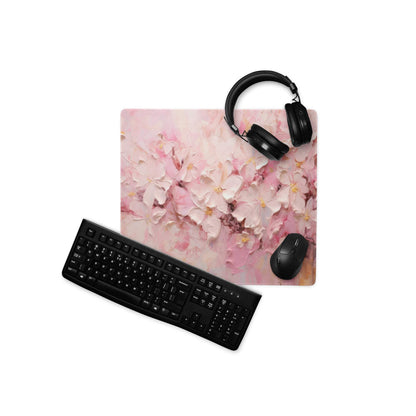 Pink floral gaming mousepad with black keyboard, headphones, large surface, non-slip backing
