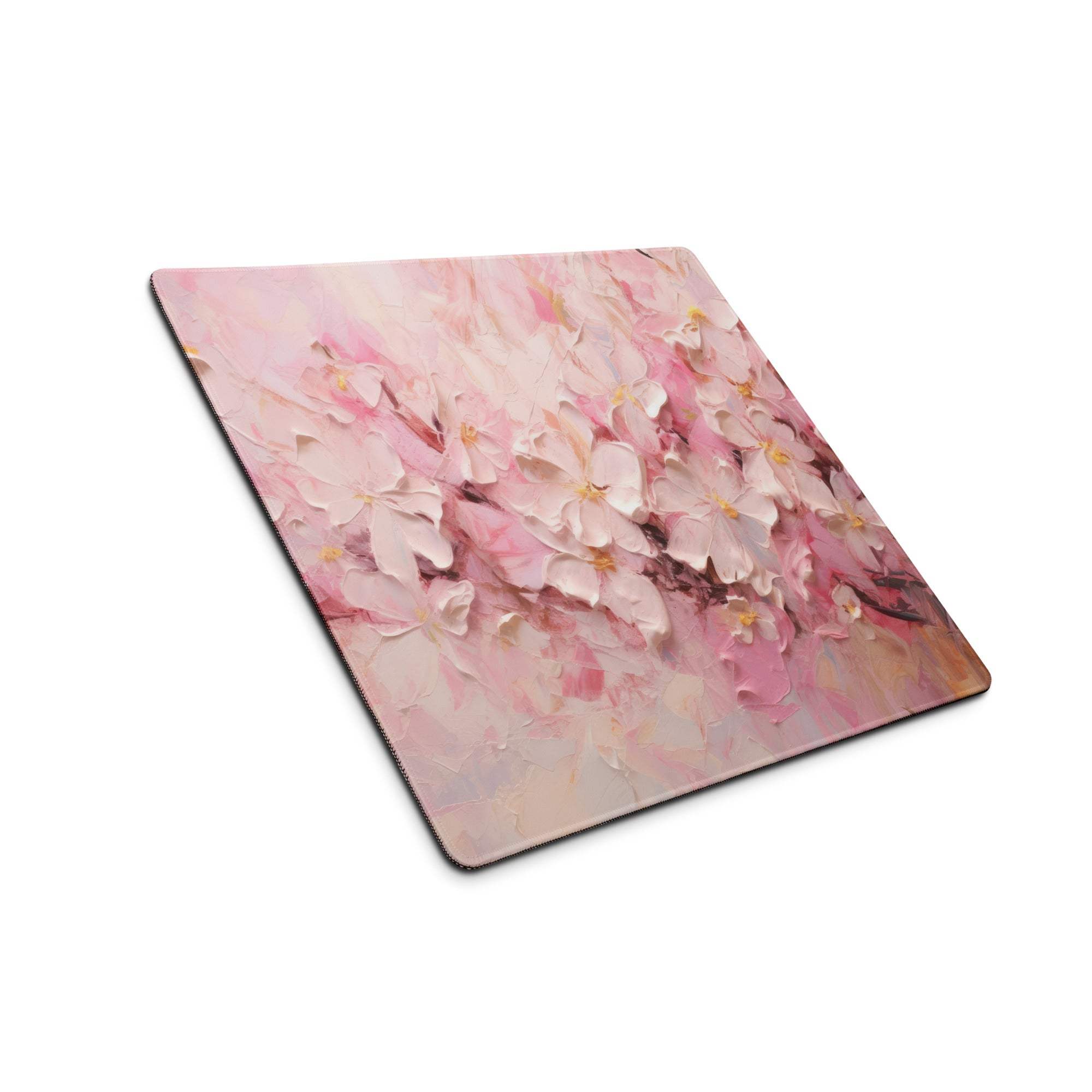 Pink cherry blossom gaming mouse pad with non-slip backing and edge stitching