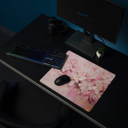Pink cherry blossom gaming mouse pad with non-slip backing and edge stitching
