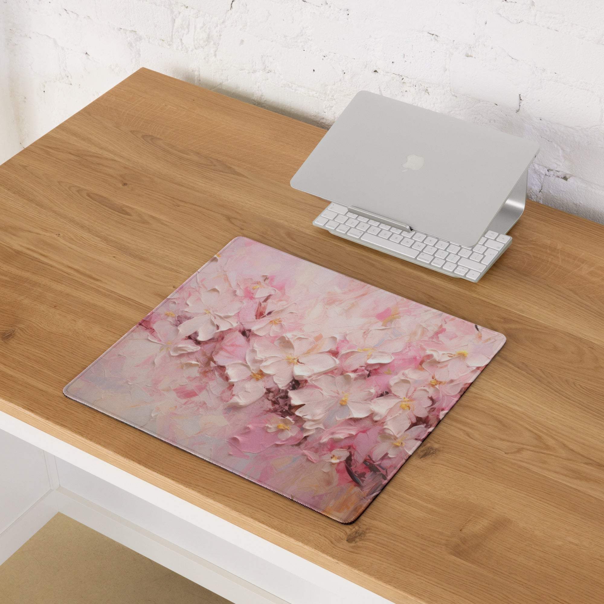 Pink cherry blossom gaming mouse pad with large non-slip stitched surface
