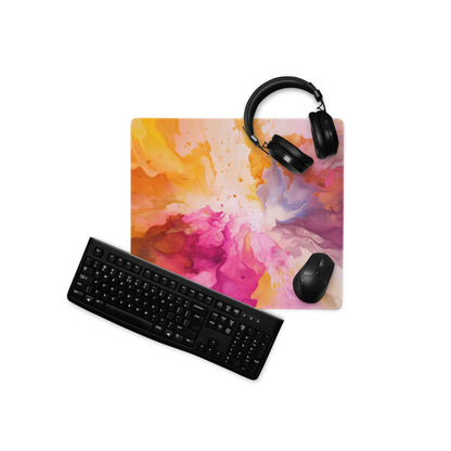 Vibrant multicolor abstract burst gaming mouse pad with black keyboard and headphones