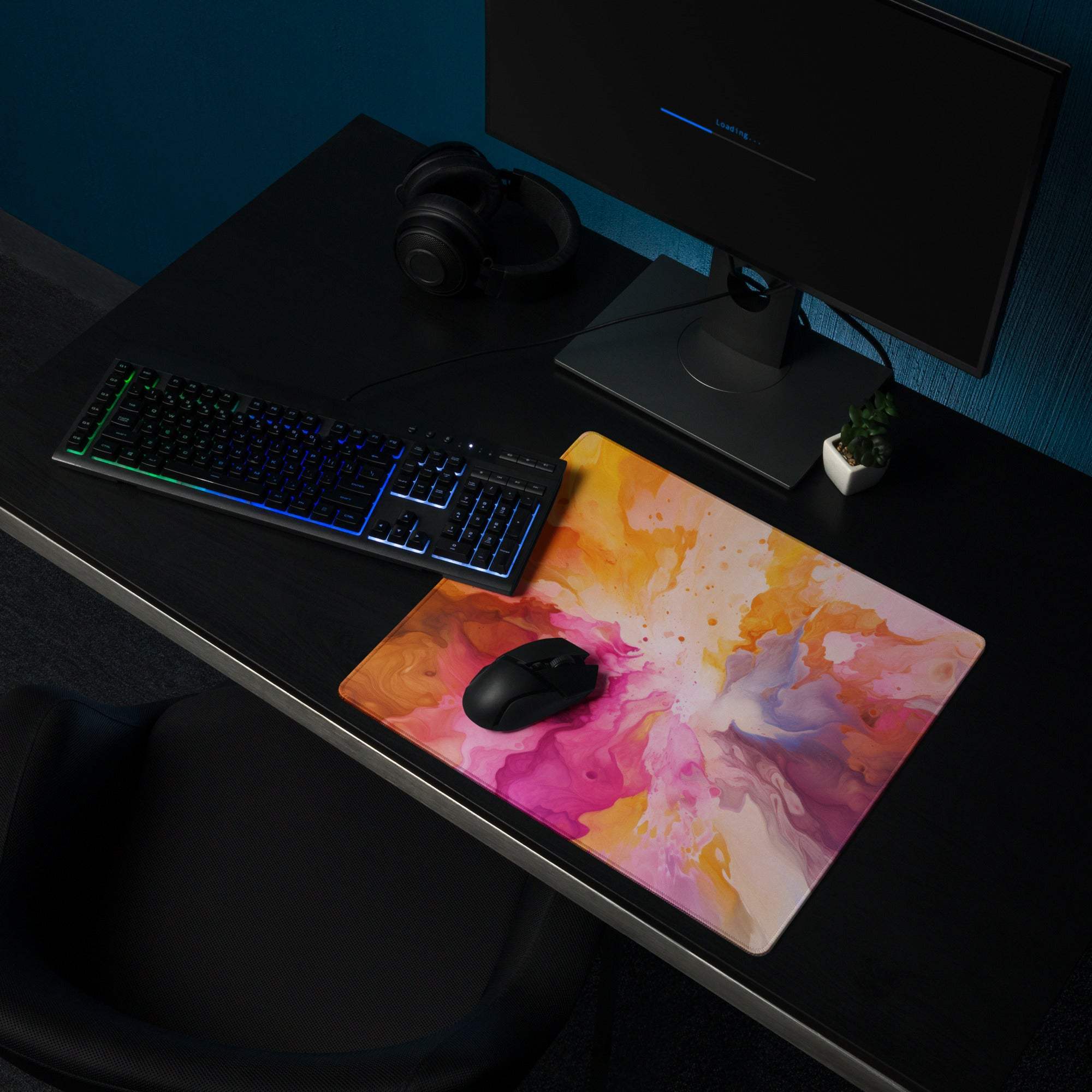 Vibrant pink orange white abstract paint-splatter gaming mouse pad large non-slip