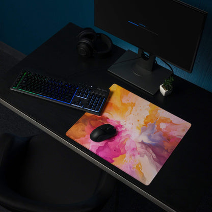 Vibrant pink orange white abstract paint-splatter gaming mouse pad large non-slip