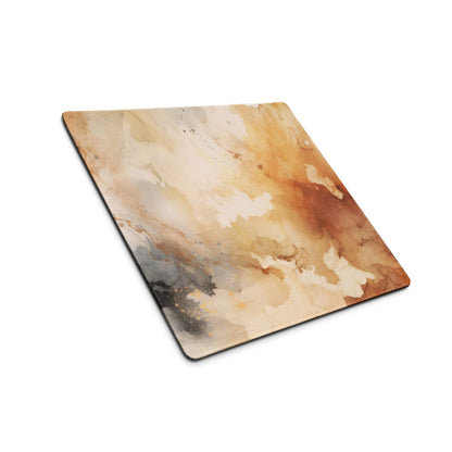 Large abstract watercolor gaming mouse pad in beige brown gray tones with non-slip base