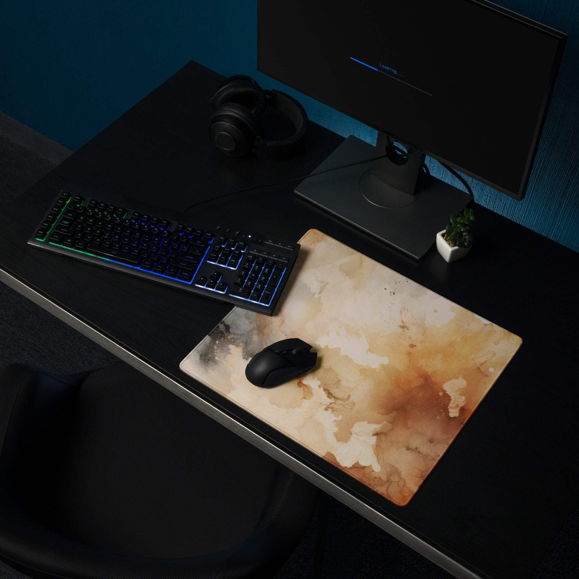 Abstract watercolor gaming mouse pad large size in warm beige tones