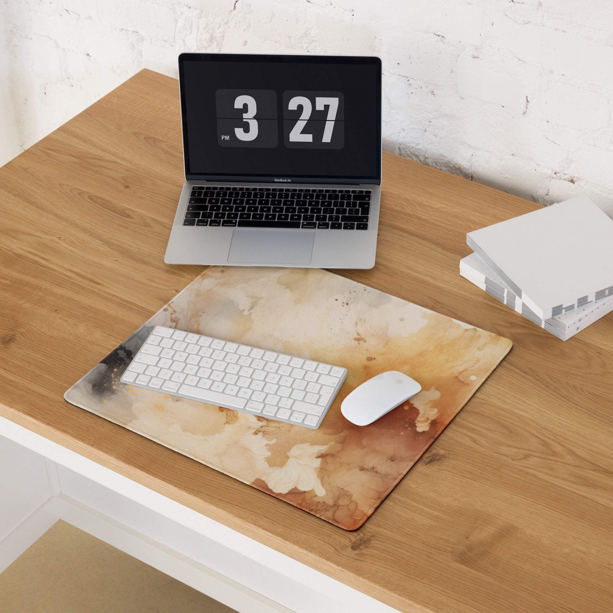 Large abstract watercolor gaming mouse pad in warm beige brown tones