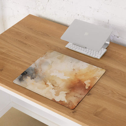Large abstract watercolor gaming mouse pad in beige brown tones with non-slip base