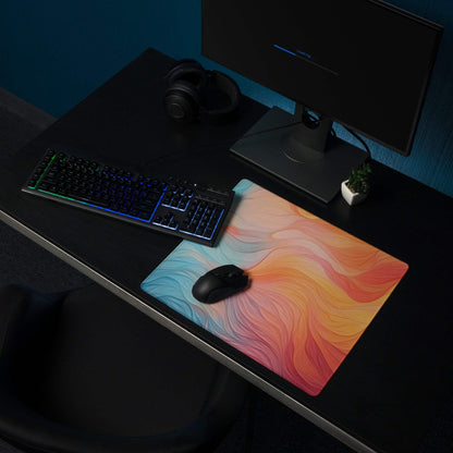 Colorful swirl gaming mouse pad with blue to orange gradient, non-slip backing