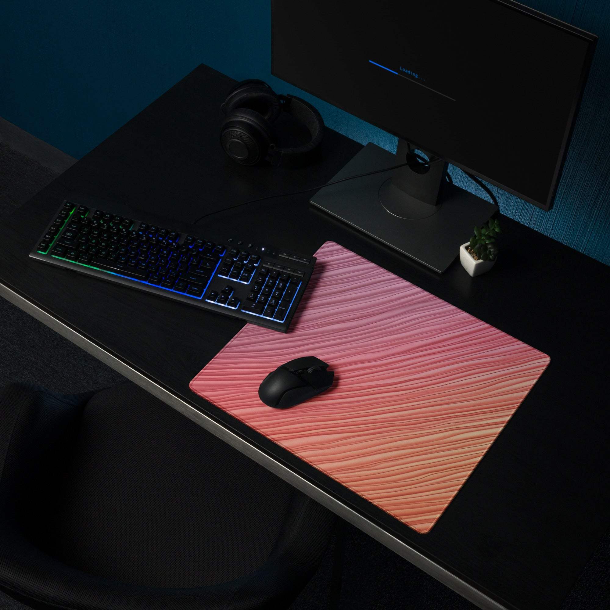 Pink gradient gaming mouse pad with wood grain texture and non-slip backing