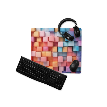 Vibrant rainbow cube gaming mouse pad with large surface and edge stitching