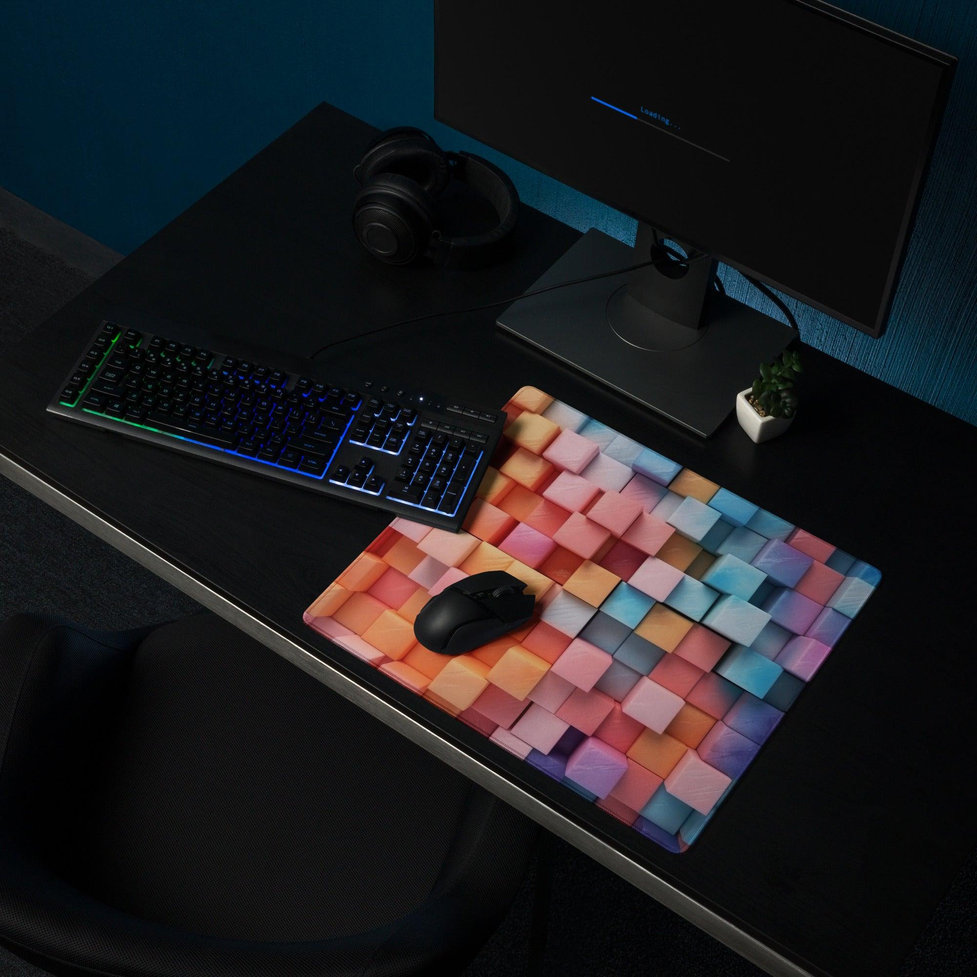 Vibrant rainbow cube pattern gaming mouse pad with large surface and edge stitching