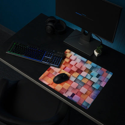 Vibrant rainbow cube pattern gaming mouse pad with large surface and edge stitching