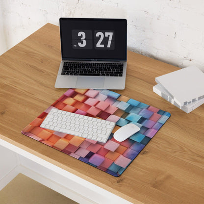 Vibrant rainbow cube pattern gaming mouse pad with large surface and edge stitching