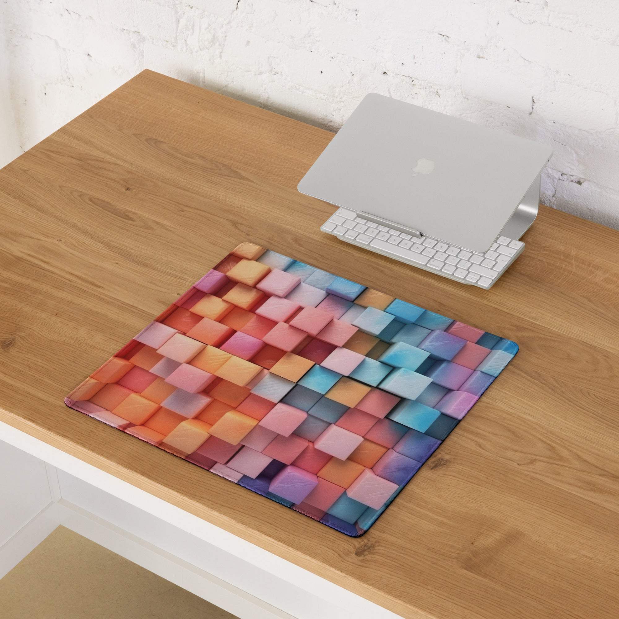 Vibrant rainbow cube mosaic gaming mouse pad with large surface and edge stitching