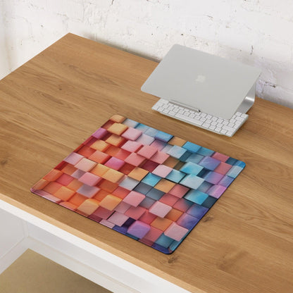 Vibrant rainbow cube mosaic gaming mouse pad with large surface and edge stitching