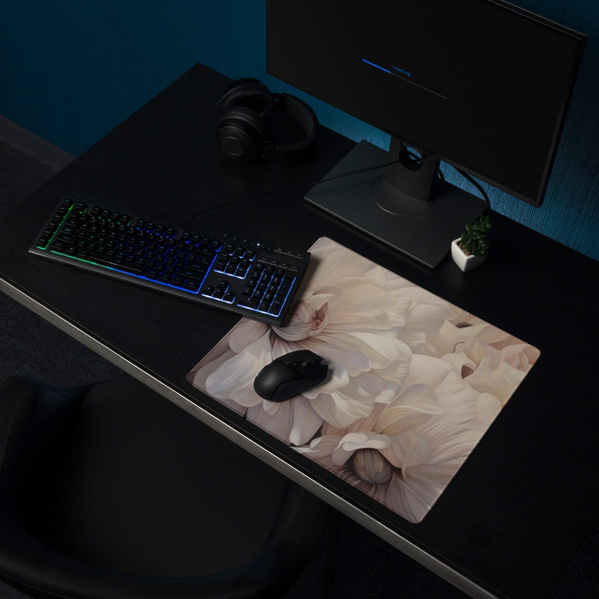 Elegant beige floral gaming mouse pad with pastel petals and non-slip base