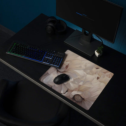 Elegant beige floral gaming mouse pad with pastel petals and non-slip base