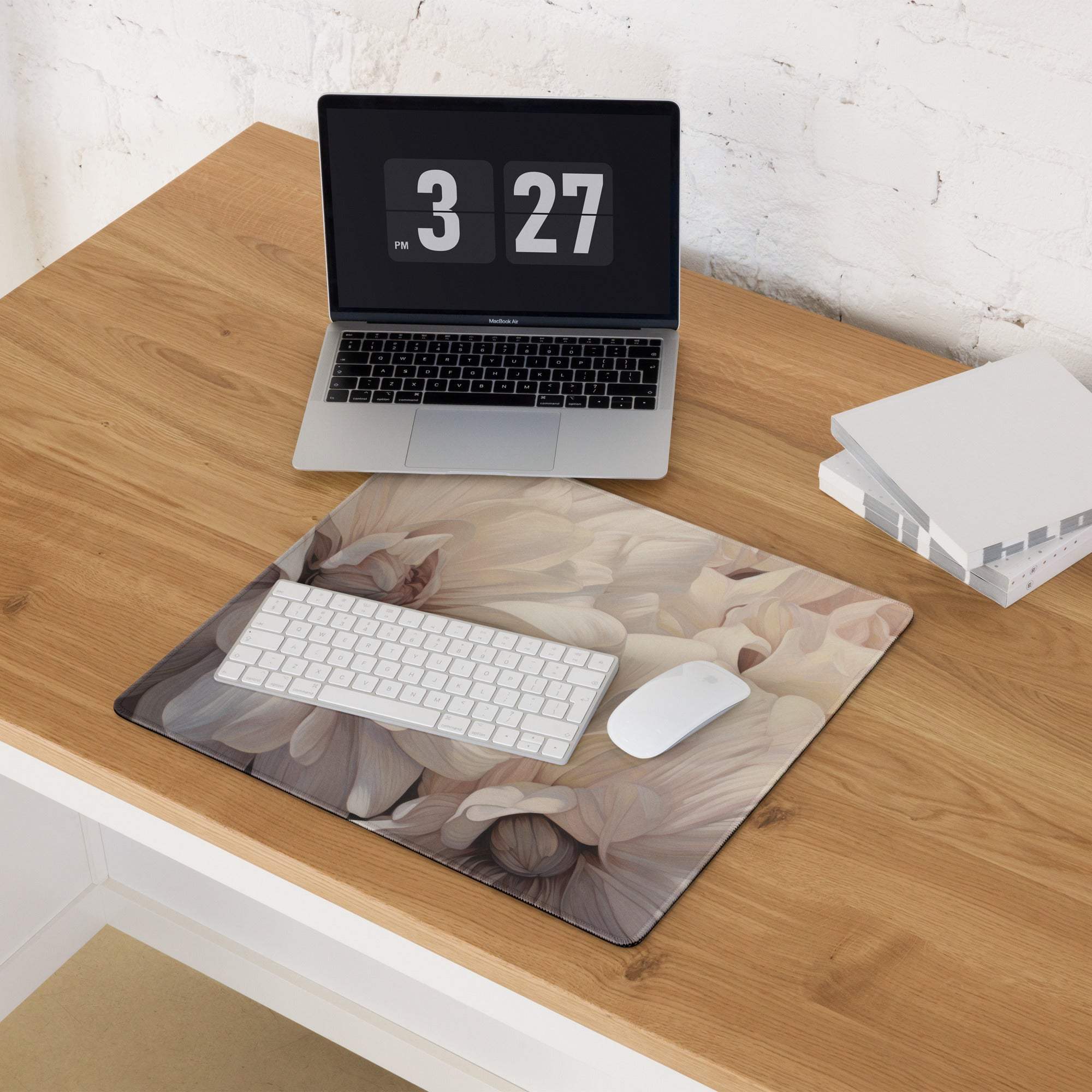Elegant floral beige gaming mouse pad with muted design and non-slip base