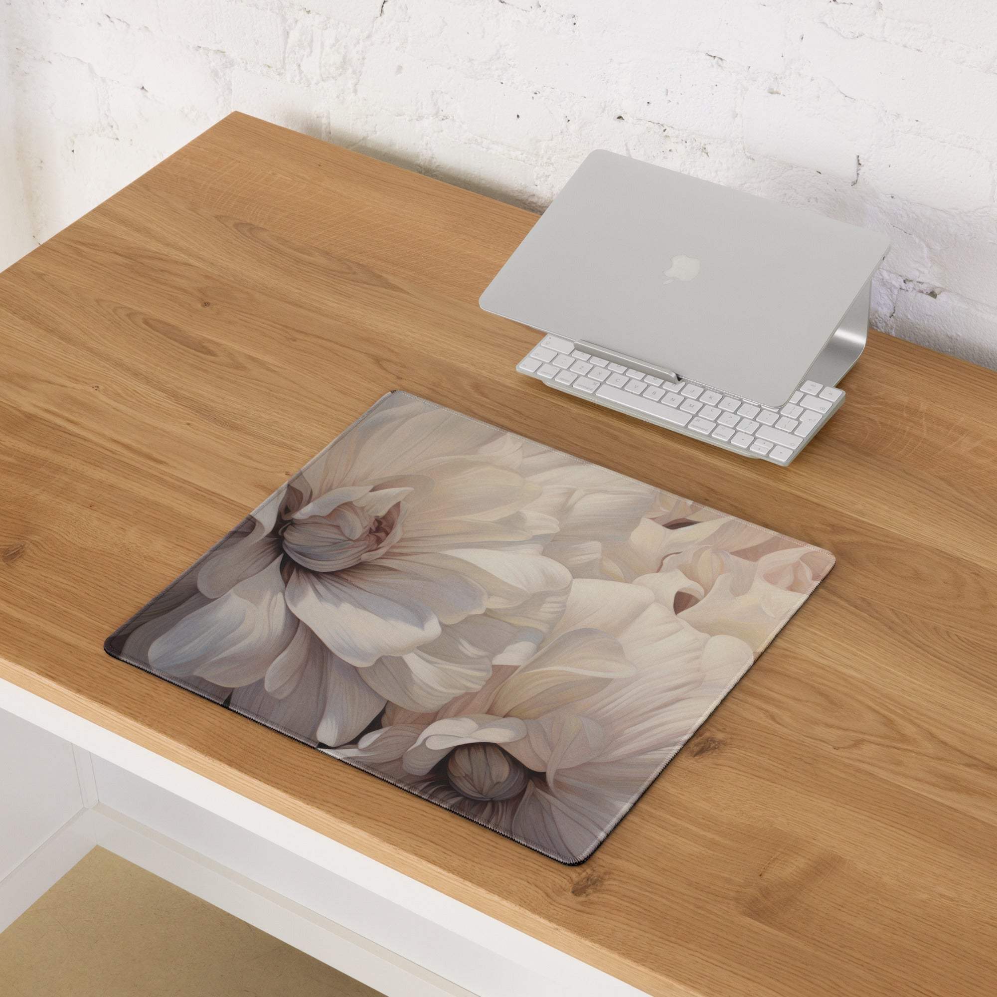 Elegant floral beige gaming mouse pad with painterly white gray flowers