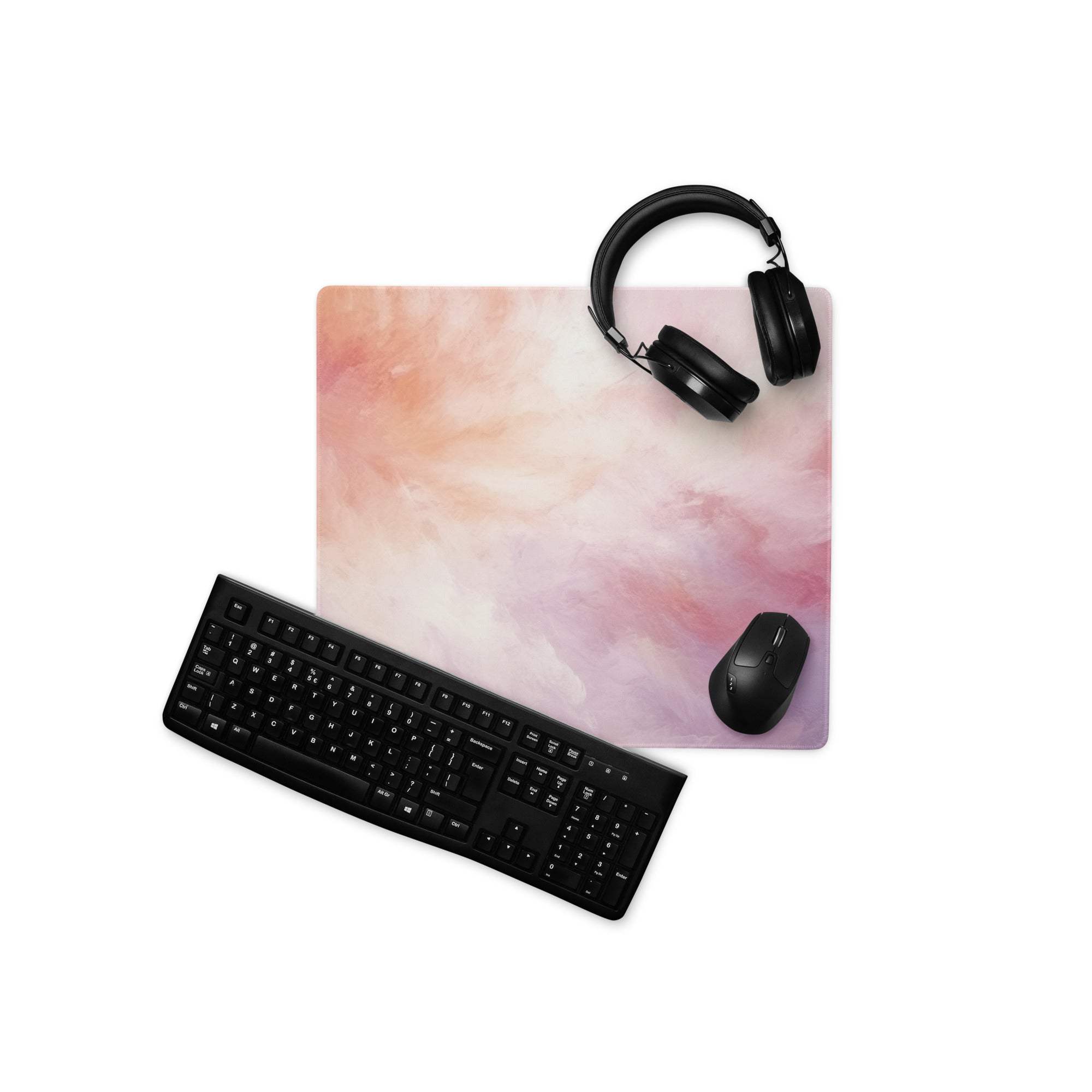Pink peach watercolor mousepad with black keyboard headphones non-slip base