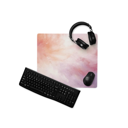 Pink peach watercolor mousepad with black keyboard headphones non-slip base
