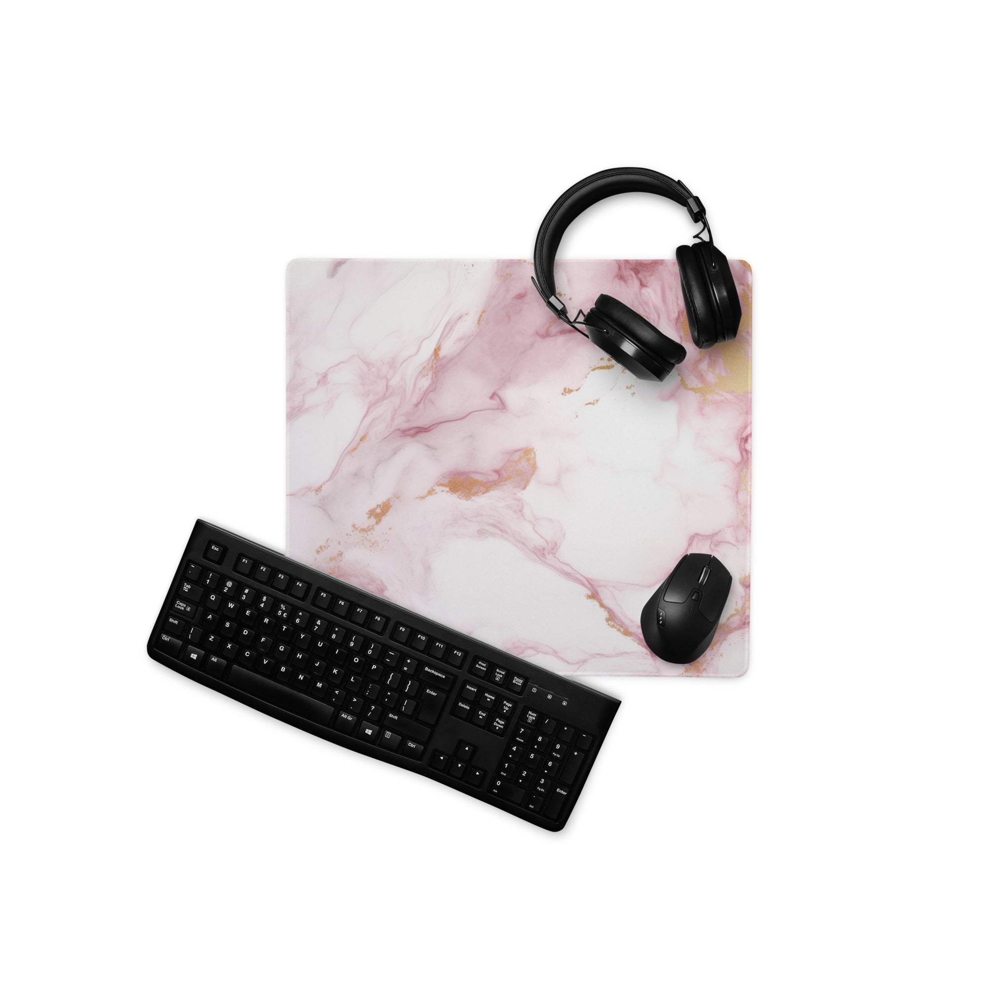 Elegant pink marble gaming mouse pad with gold veins, large non-slip stitched