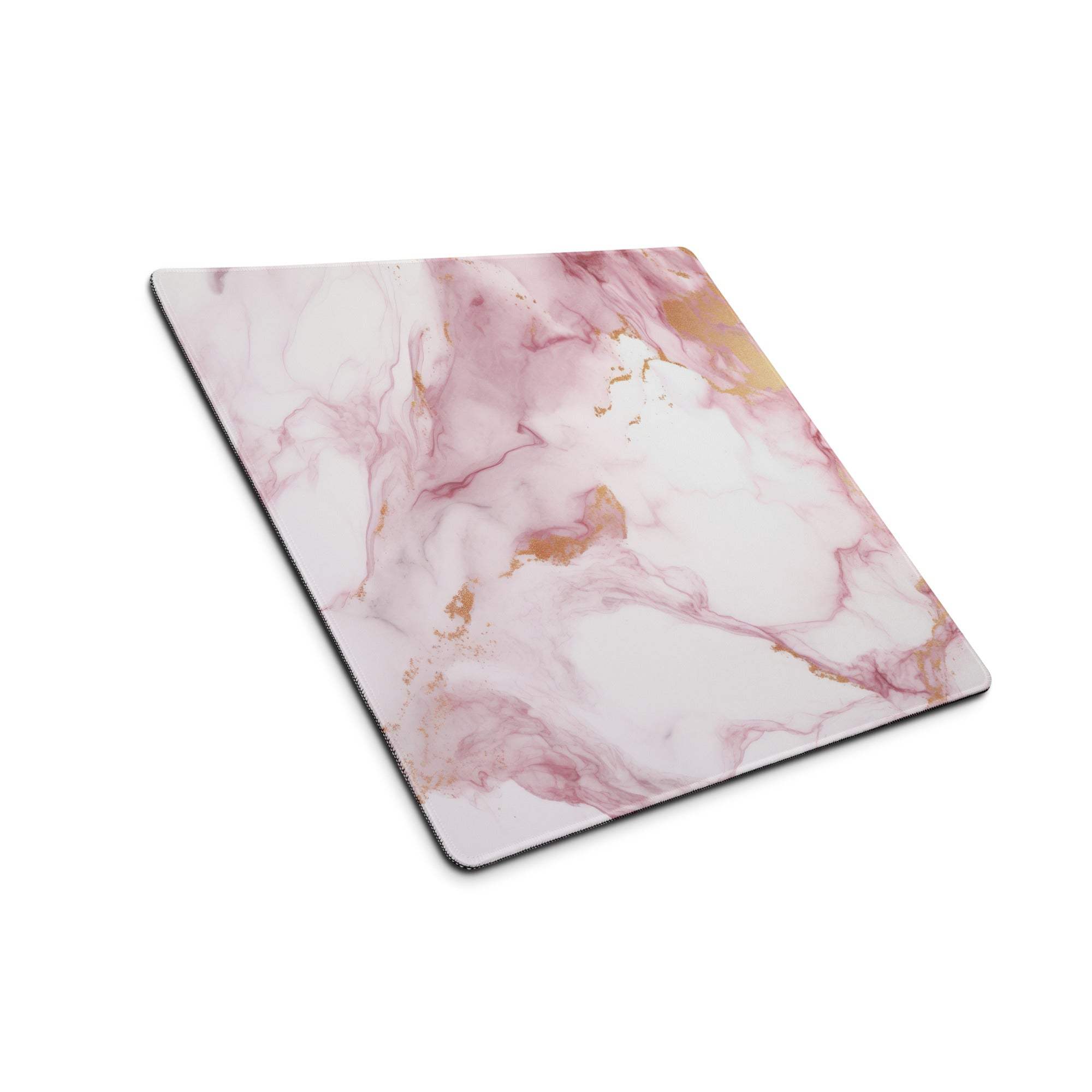 Elegant pink marble gaming mouse pad with gold veins, large non-slip stitched design