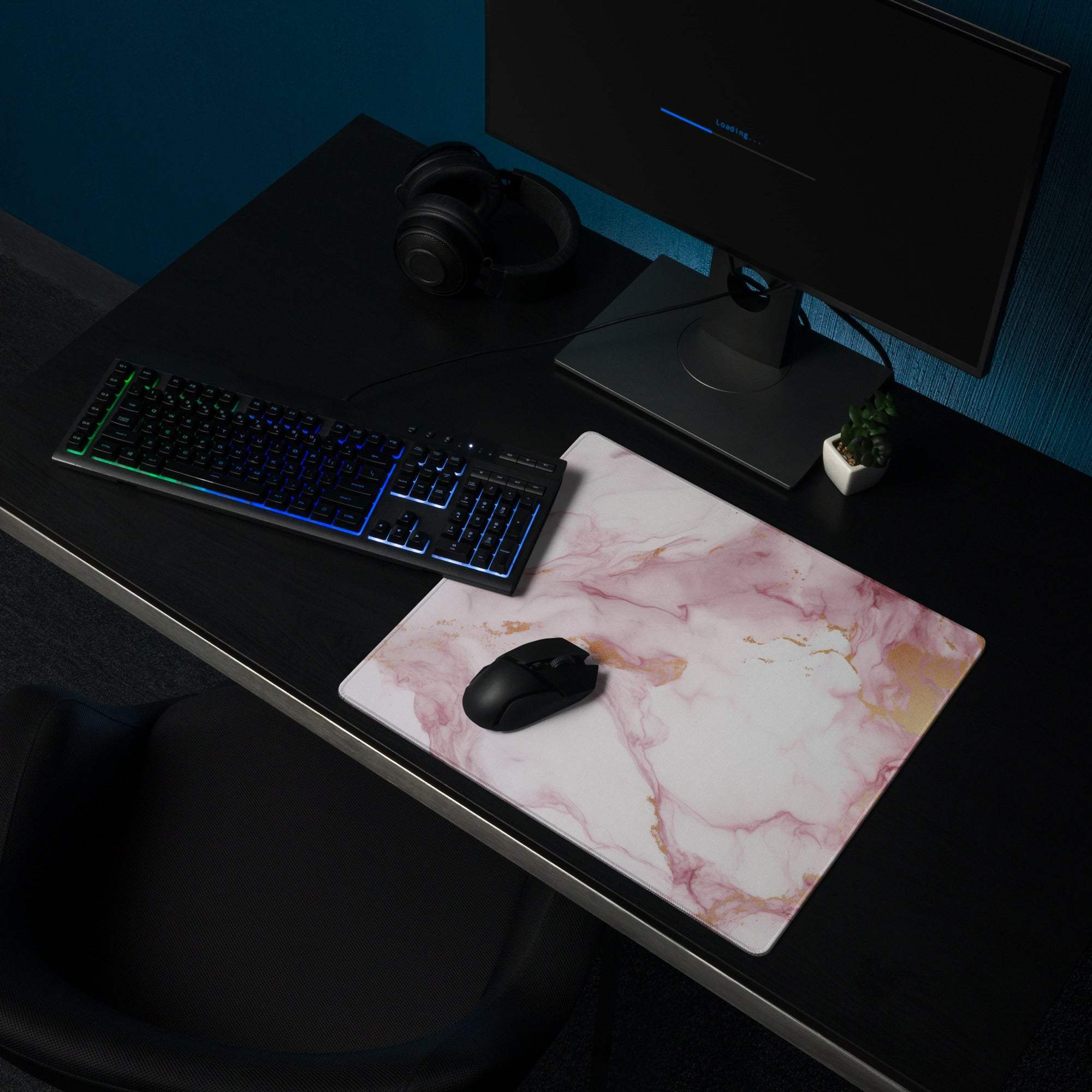 Elegant pink marble gaming mouse pad with gold veins, large non-slip stitched design